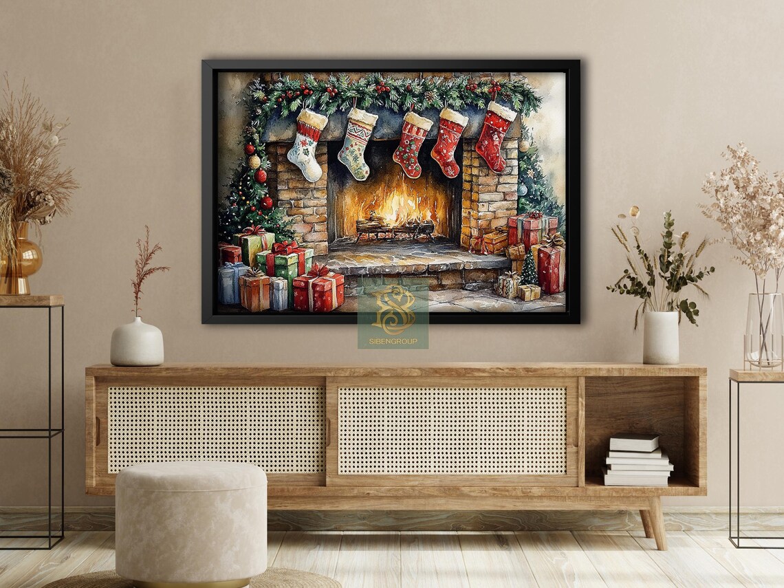 Cozy Brick Fireplace With Stockings Garland and Christmas Gifts Poster - Image 4