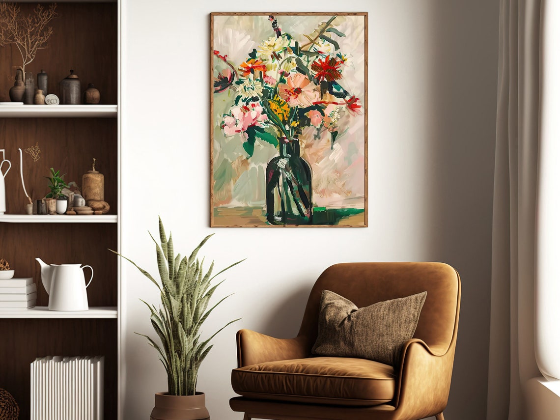 Loose Painterly Floral Bouquet In Dark Green Bottle Vase Art Print - Image 3