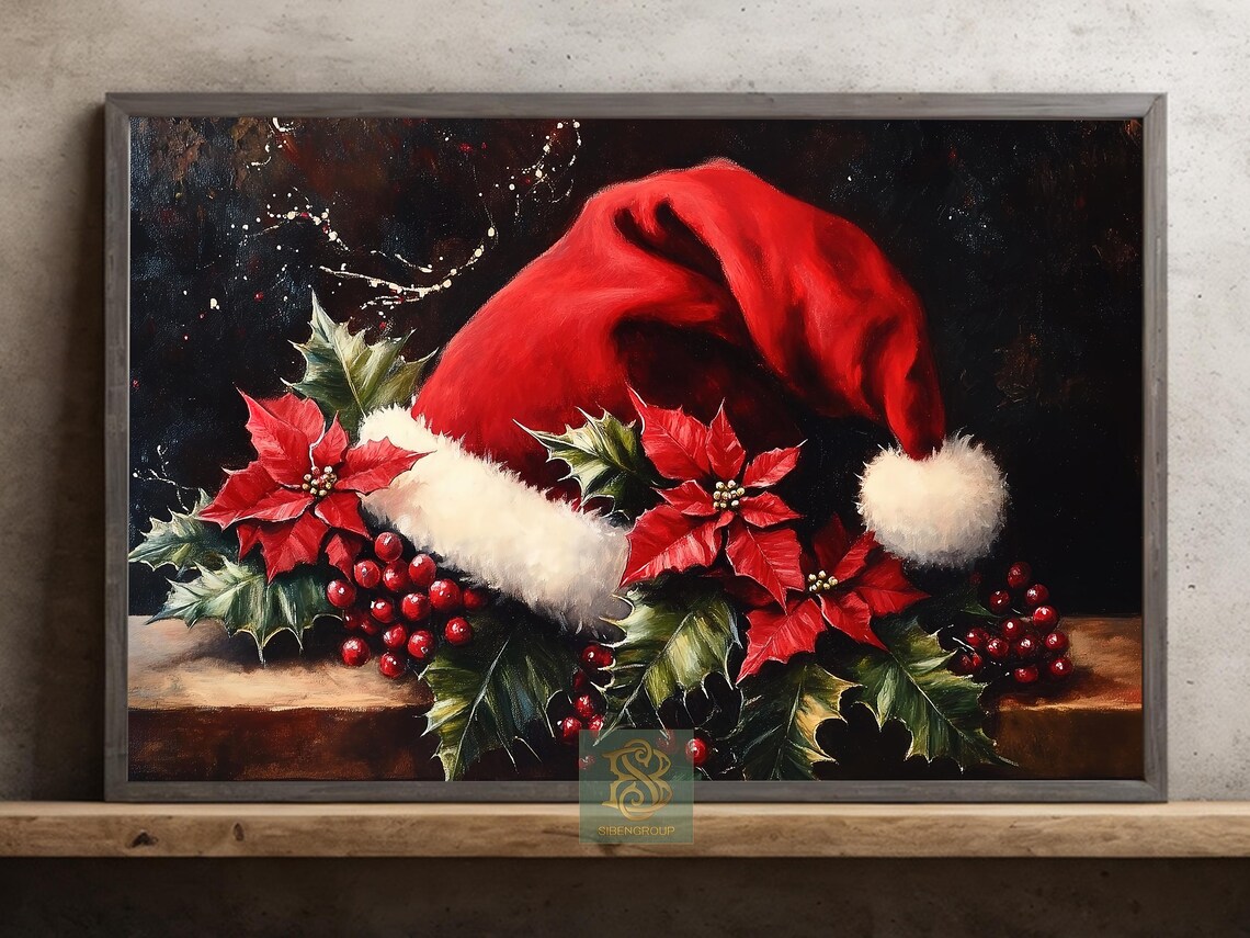 Vintage Santa Hat Painting, Cozy Christmas Art Print