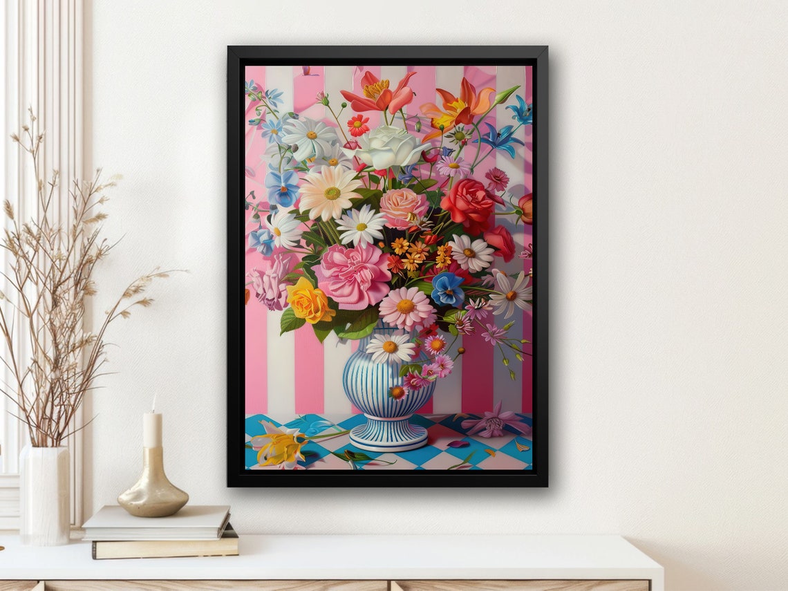 Vibrant Mixed Flower Bouquet In Striped Vase Pink Background Print - Image 4