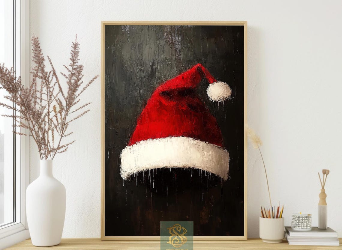 Red Santa Hat On Dark Background Textured Christmas Holiday Print - Image 4
