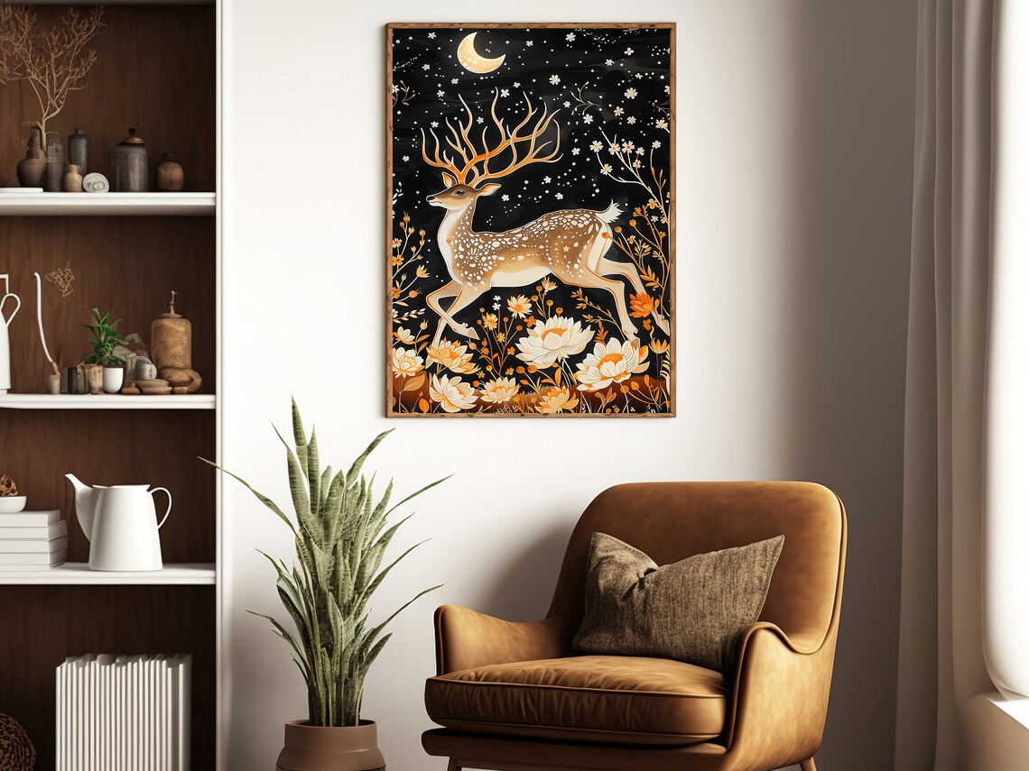 Leaping Stag Golden Antlers Crescent Moon Starry Night Botanical Art Poster - Image 4