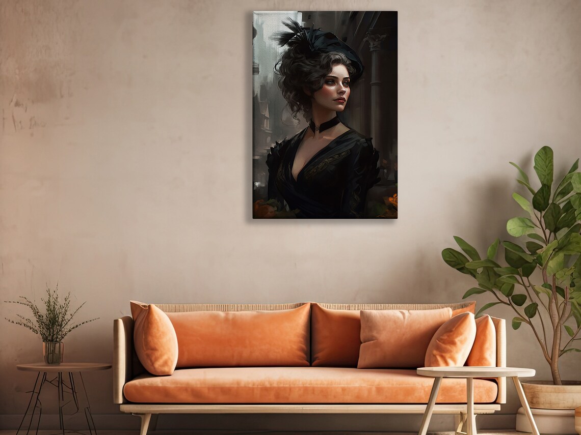 Victorian Lady In Black Gown With Feathered Hat Moody Elegant Art Poster - Image 2