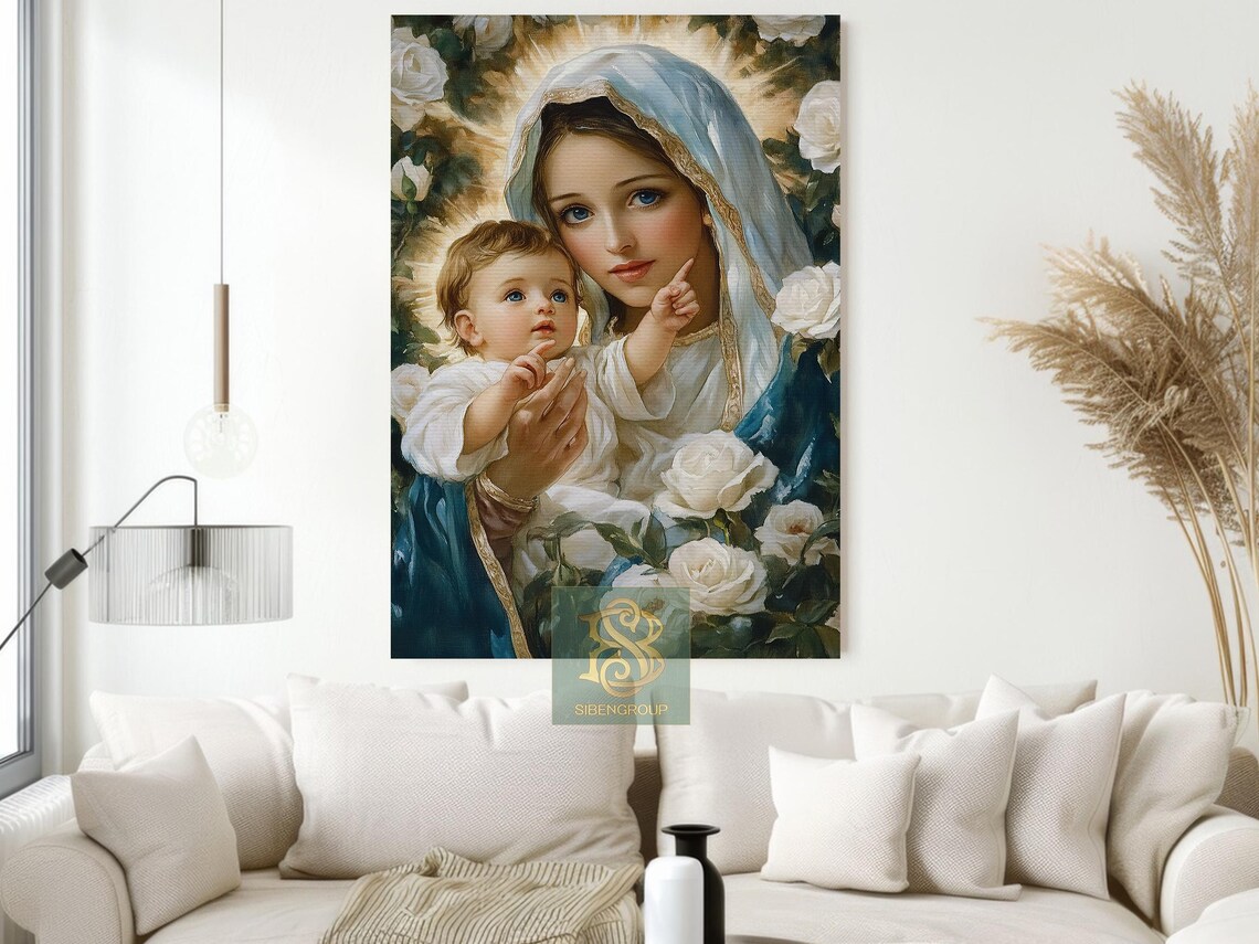 Mother Mary Madonna and Baby Jesus With White Roses Religious Poster - Image 2