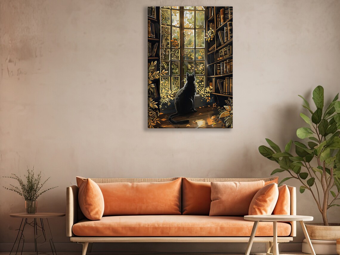 Black Cat In Library Window Autumn Golden Light Cozy Bookshelf Art Poster - Image 2
