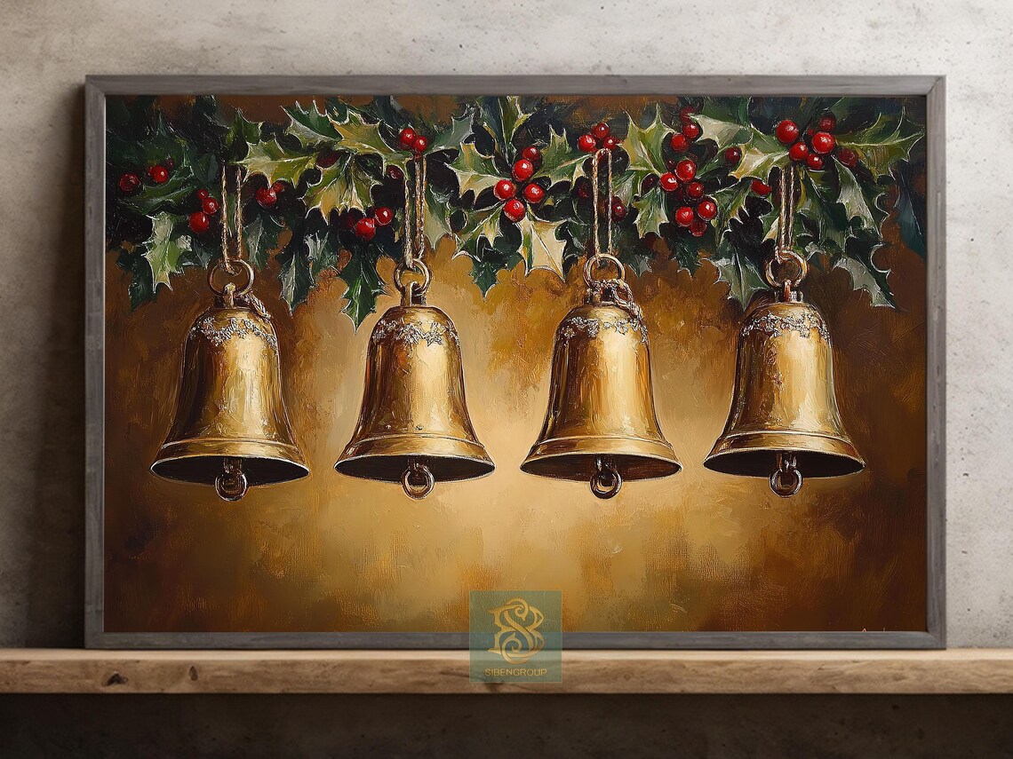 Four Brass Christmas Bells Hanging Under Holly Garland Gold Poster