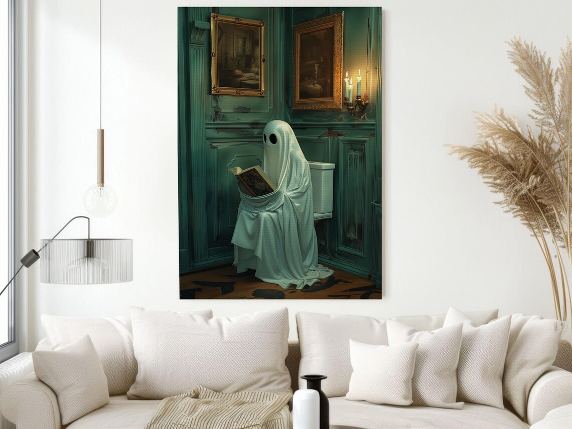 Ghost Reading Book on Toilet Elegant Green Bathroom Funny Halloween Poster - Image 2