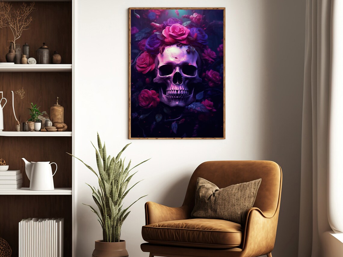 Neon Purple Skull Magenta Roses Dark Gothic Floral Art Poster - Image 3