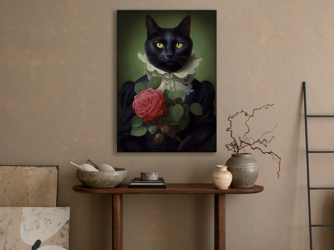 Elegant Black Cat Lady In Victorian Gown Holding A Pink Rose Poster - Image 4