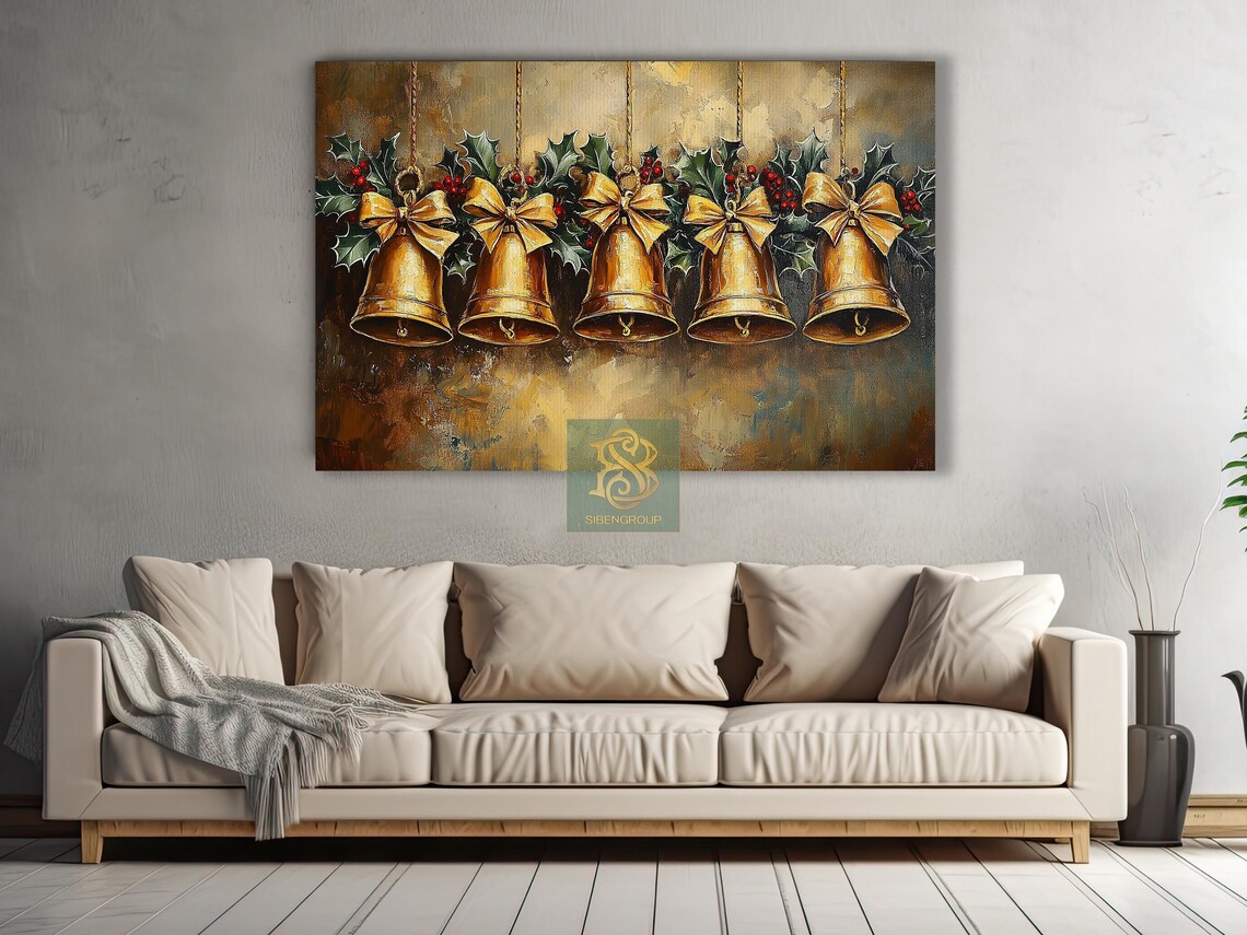 Vintage Golden Christmas Bells With Bows and Holly Painting Poster - Image 3