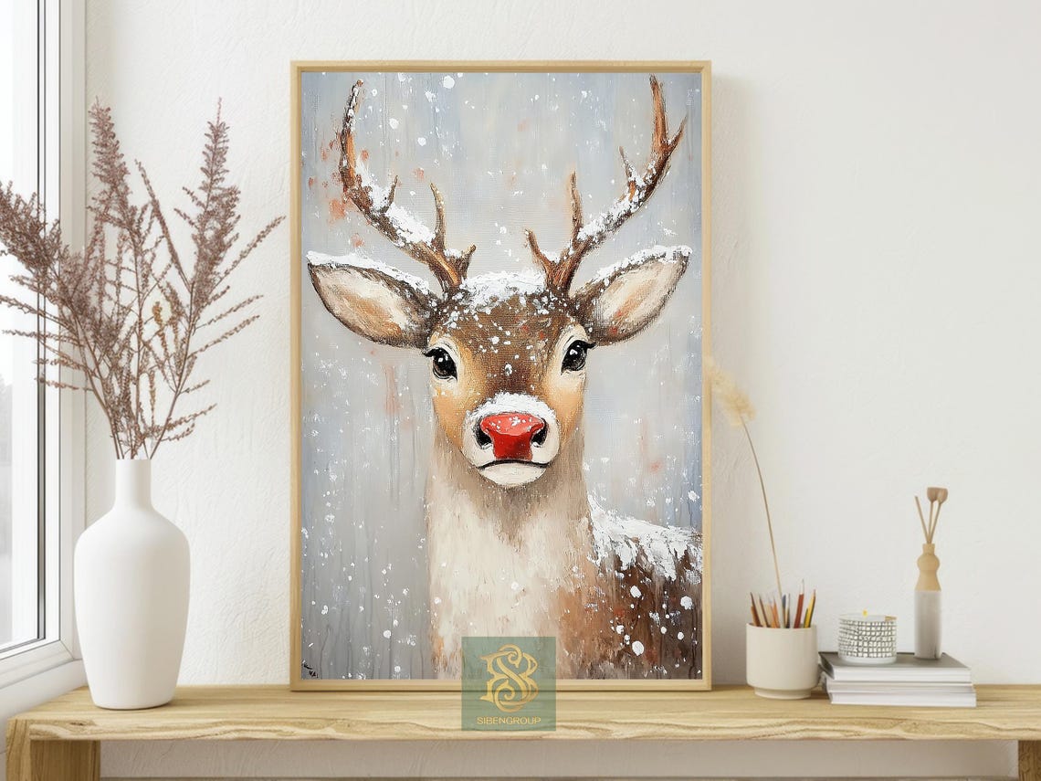 Cute Reindeer With Red Nose in Falling Snow Winter Portrait Poster - Image 4