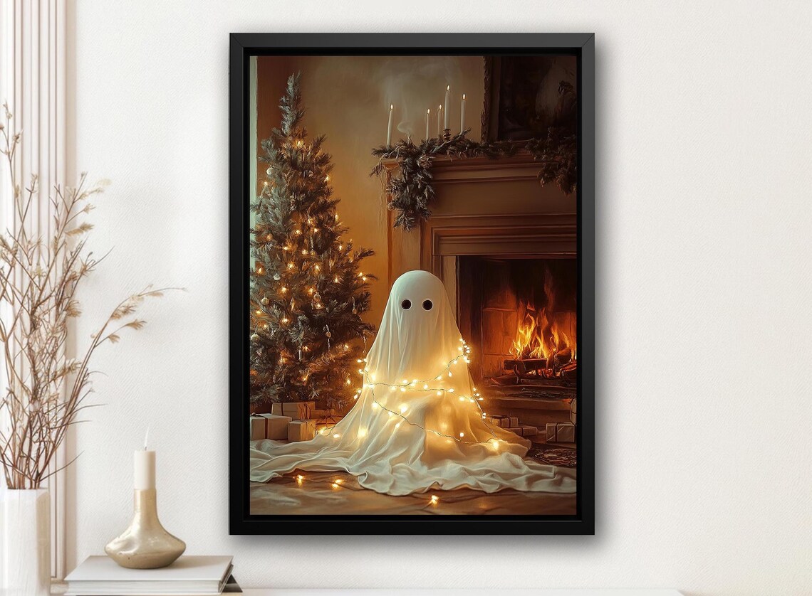 Cozy Christmas Ghost Painting, Holiday Poster Print