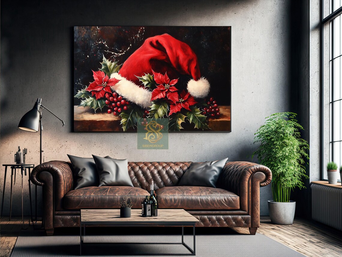 Vintage Santa Hat Painting, Cozy Christmas Art Print - Image 2