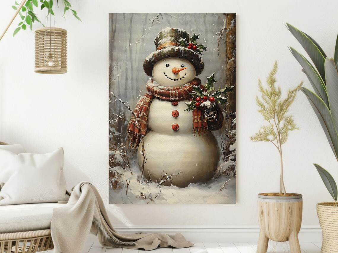 Vintage Snowman Painting, Holiday Winter Art Print - Image 2