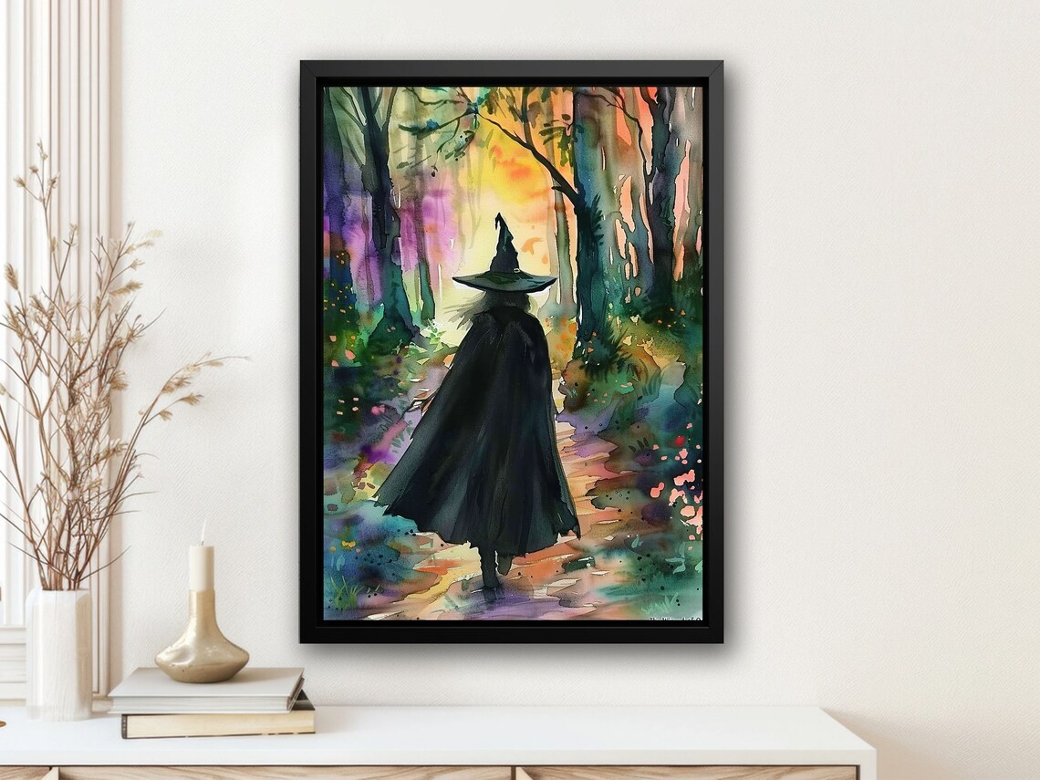 Witch Walking Away Forest Path Colorful Watercolor Magical Halloween Art Poster Print - Image 4