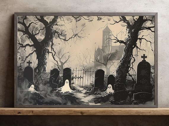 Vintage Haunted Cemetery Ghosts Black and White Engraving Art Poster