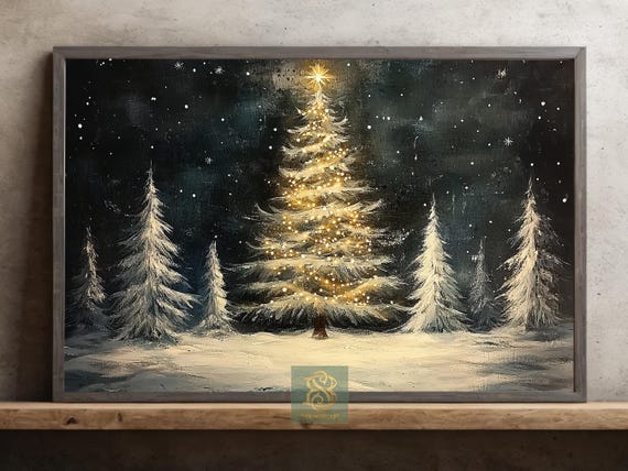 Vintage Christmas Tree Painting, Holiday Wall Art