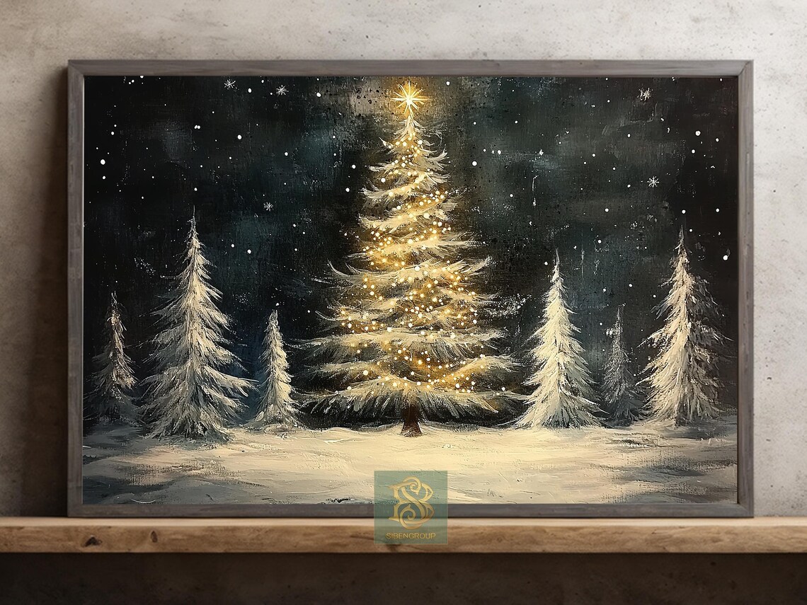 Vintage Christmas Tree Painting, Holiday Wall Art