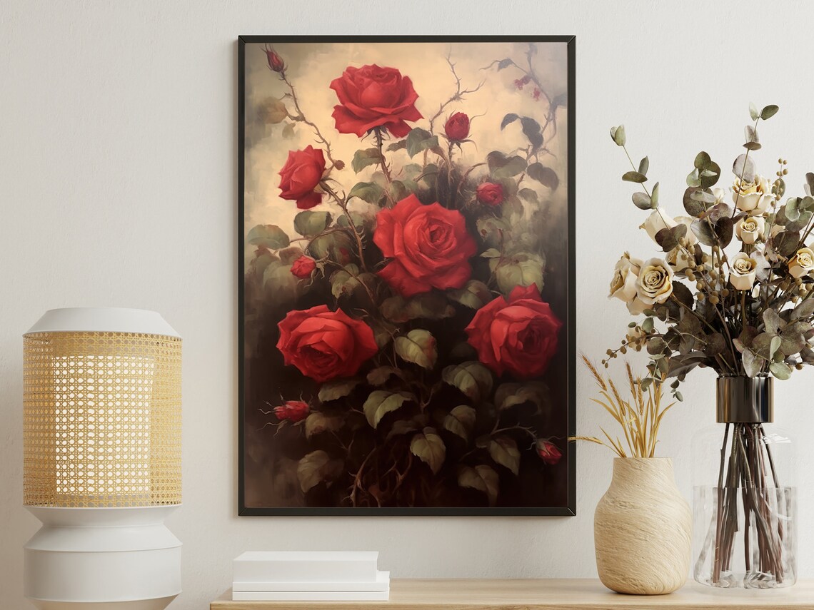 Vintage Red Roses Blooming Dark Green Foliage Classic Floral Art Poster