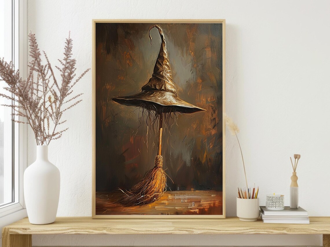 Vintage Witch Hat and Broom Poster, Halloween Decor - Image 3