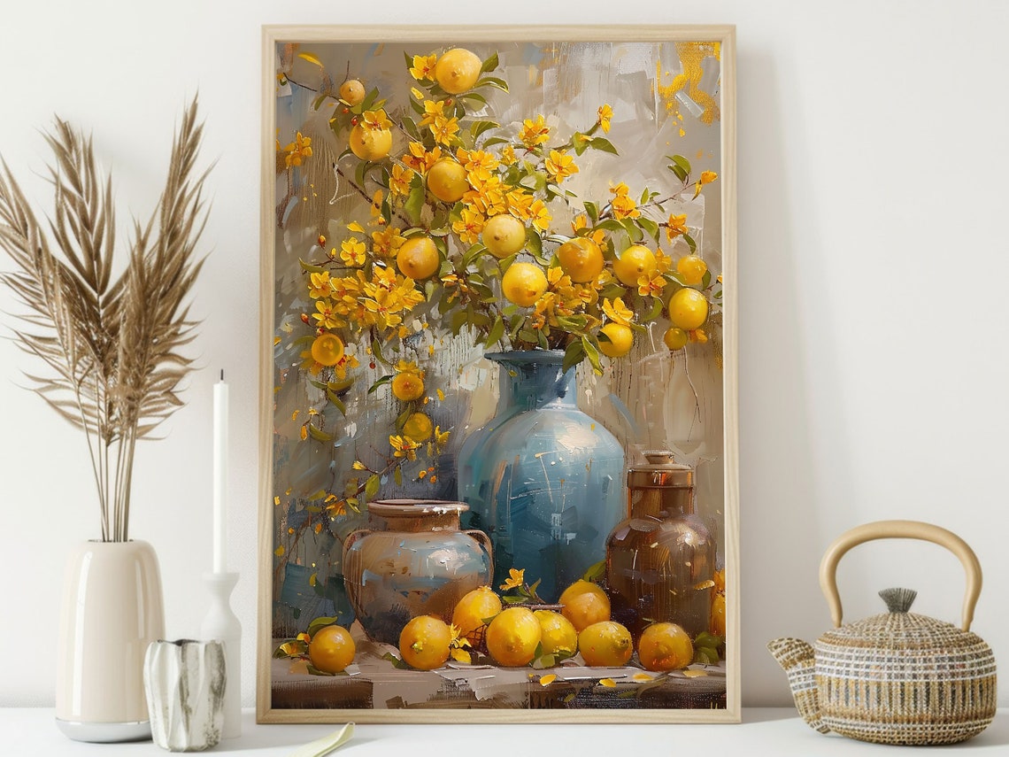 Lemon Branches And Yellow Blossoms In Blue Vase Still Life Wall Art