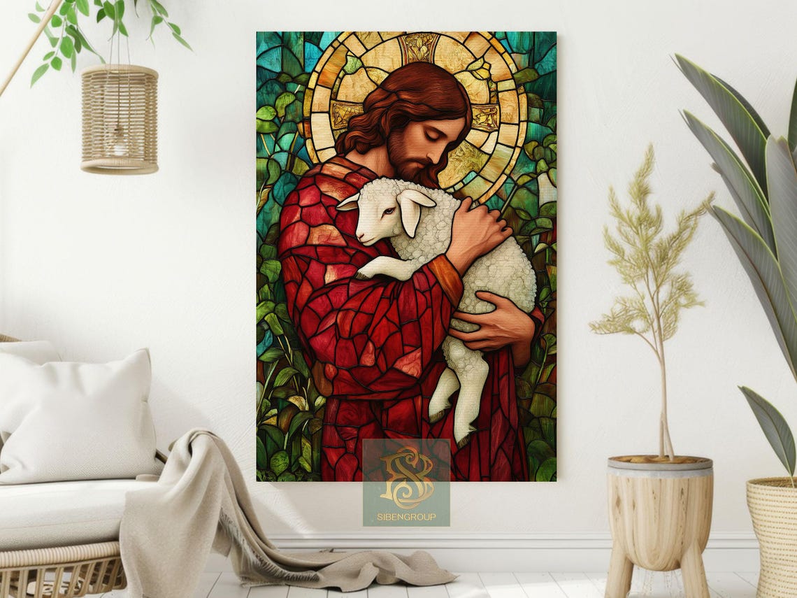 Jesus the Good Shepherd Holding Lamb Stained Glass Style Poster - Image 2