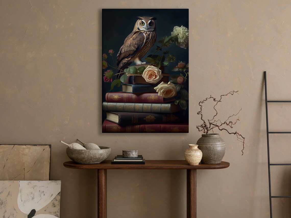 Owl On Vintage Books With Roses Floral Dark Academia Bird Art Poster - Image 4