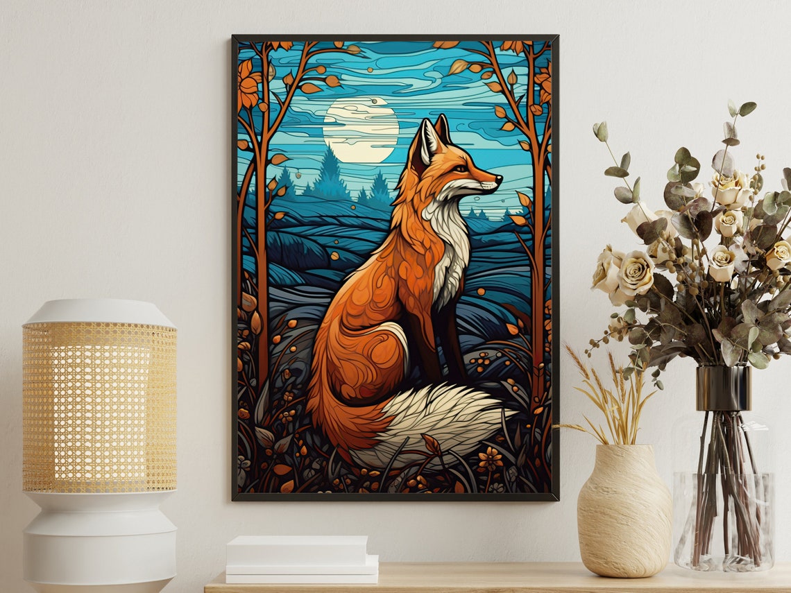 Red Fox Under Night Moon Stained Glass Style Autumn Forest Art Poster