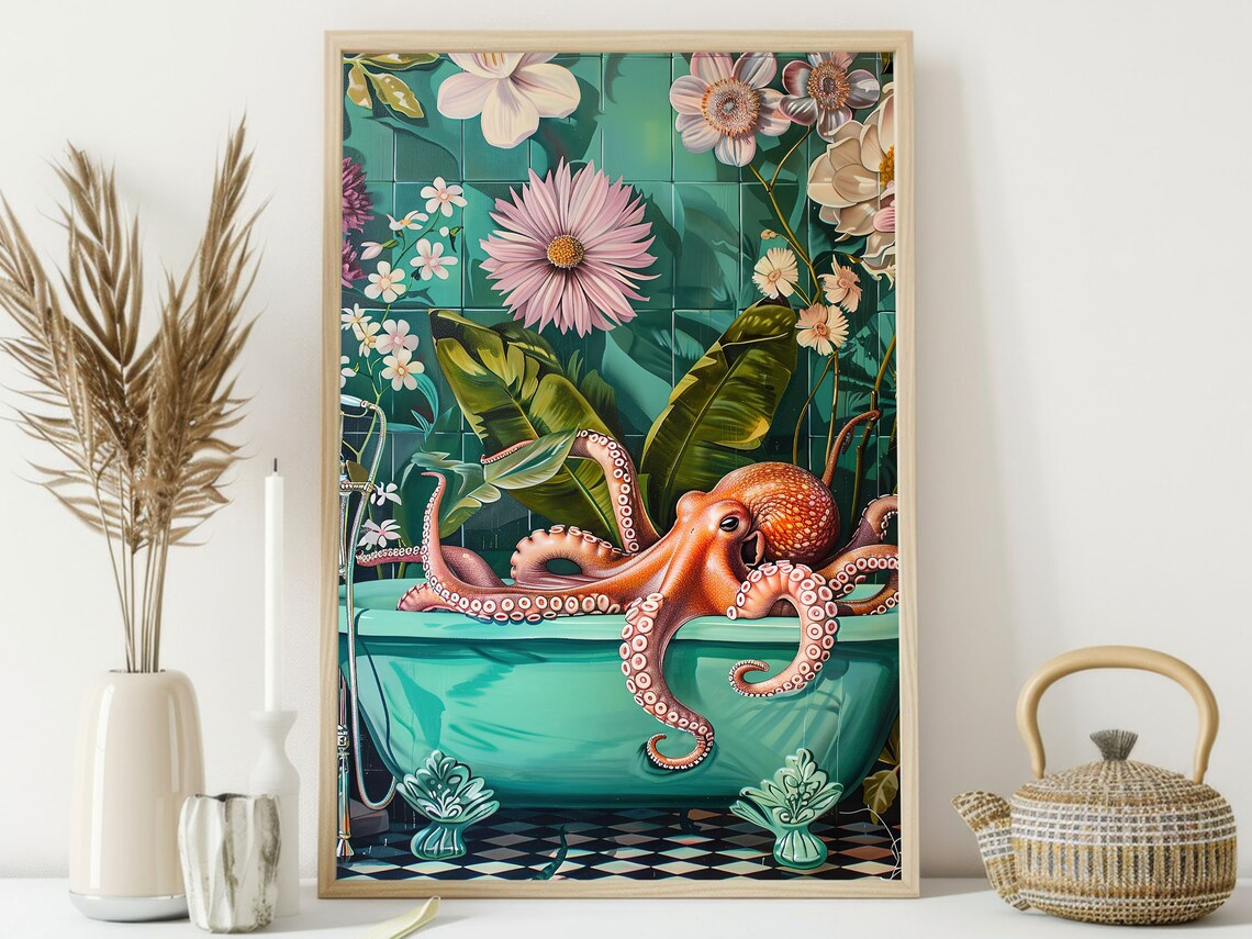 Whimsical Octopus Bathtub Tropical Flowers Teal Bathroom Art Painting Poster - Image 3