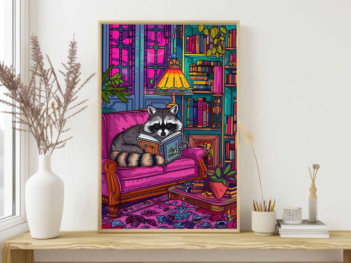 Raccoon Reading Book Cozy Library Maximalist Whimsical Animal Painting Print - Image 4