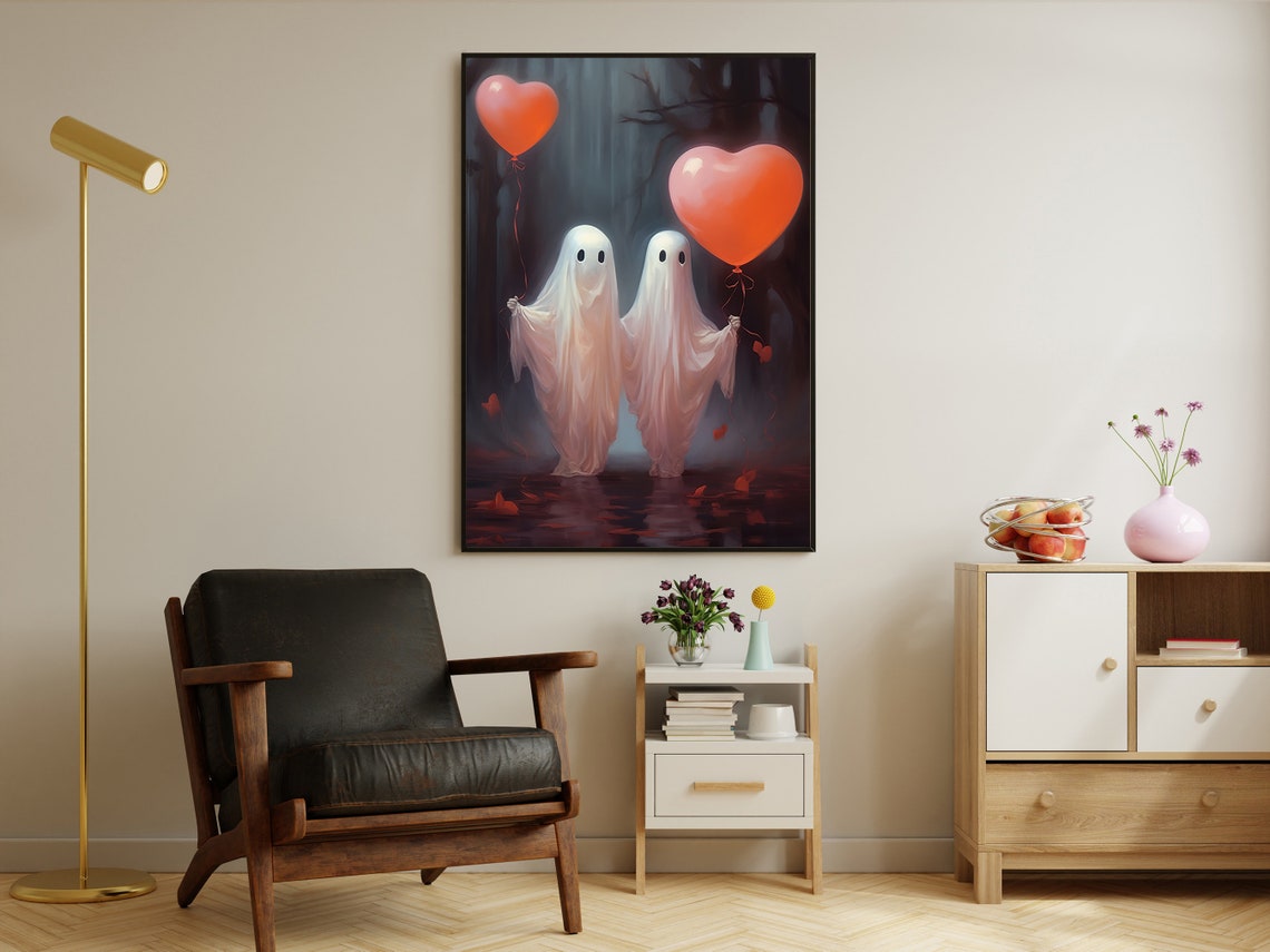 Two Ghosts Red Heart Balloons Valentine Spooky Love Art Poster - Image 2