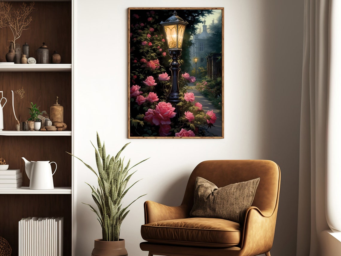 Glowing Victorian Lamppost Among Pink Roses At Dusk Garden Poster - Image 4