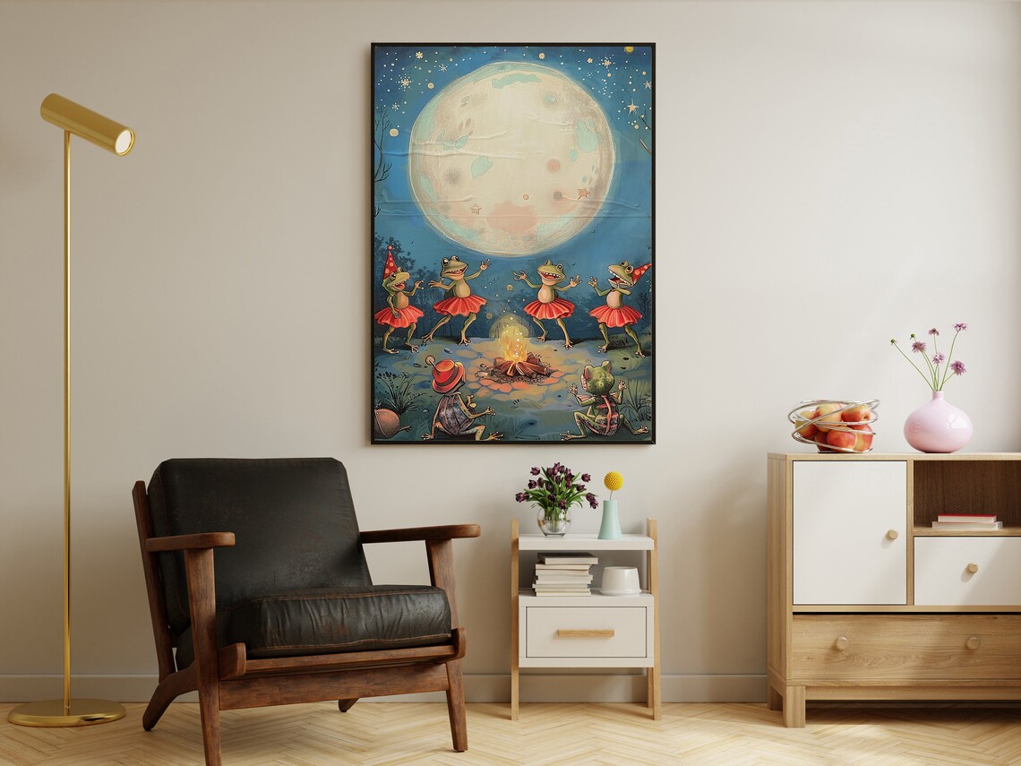 Dancing Frogs In Tutus Moonlit Campfire Party Whimsical Vintage Art Poster - Image 4