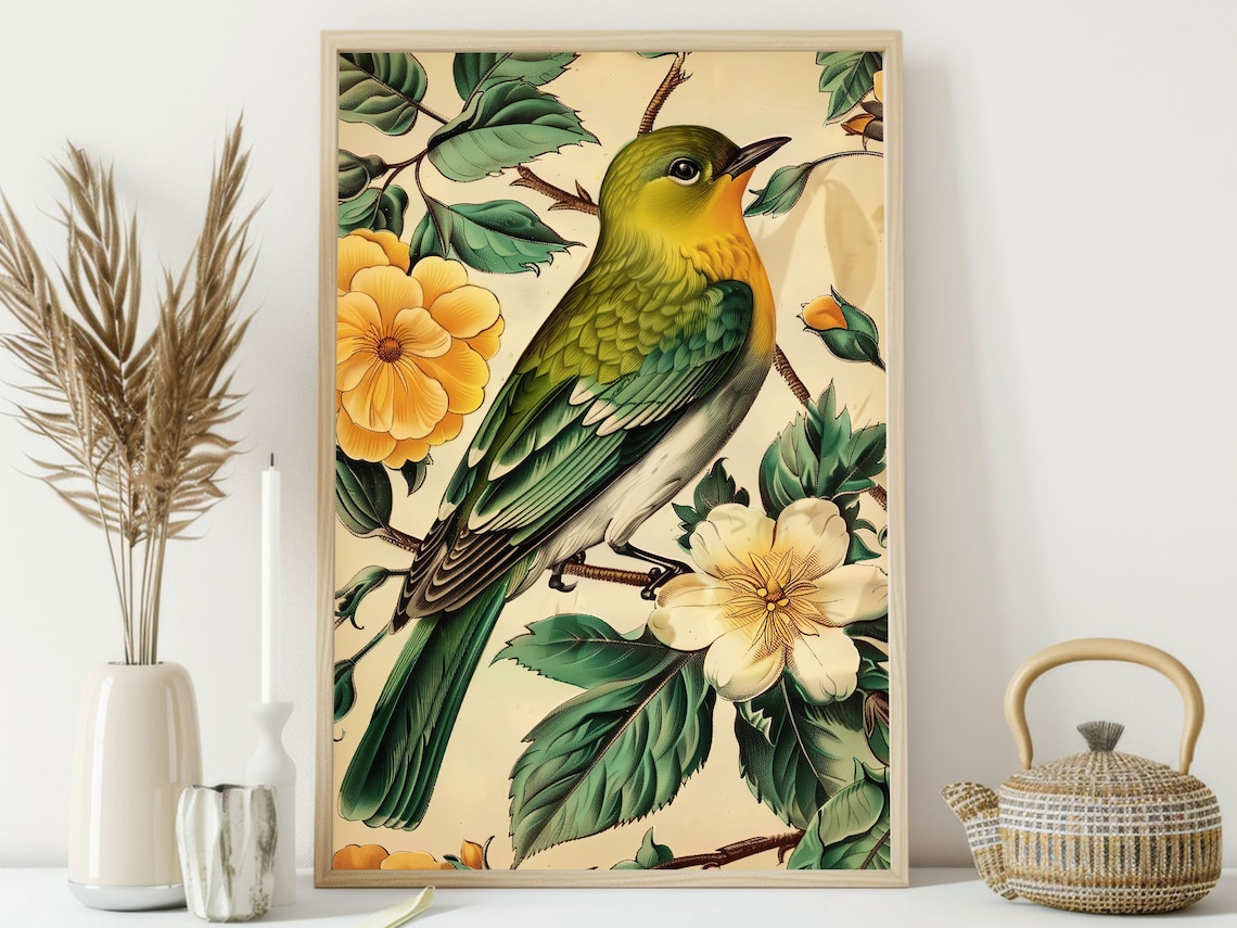 Vintage Green Bird Botanical Print Flowering Branch Songbird Poster