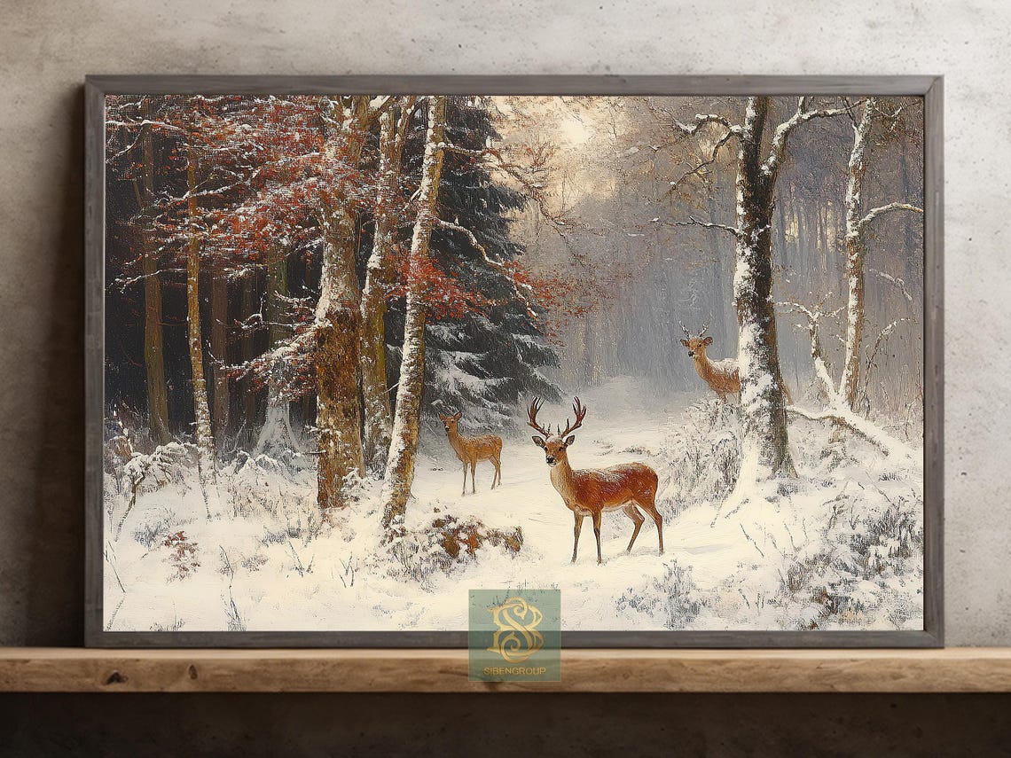 Three Deer In Snowy Winter Forest Vintage Wildlife Scene Print