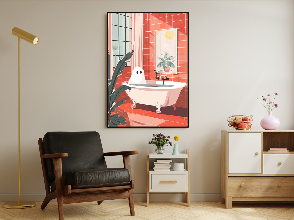 Vintage Ghost In Bath, Cute Halloween Poster Print - Image 2