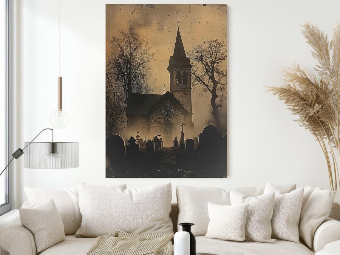 Vintage Sepia Church Behind Misty Graveyard Spooky Photo Style Poster - Image 2