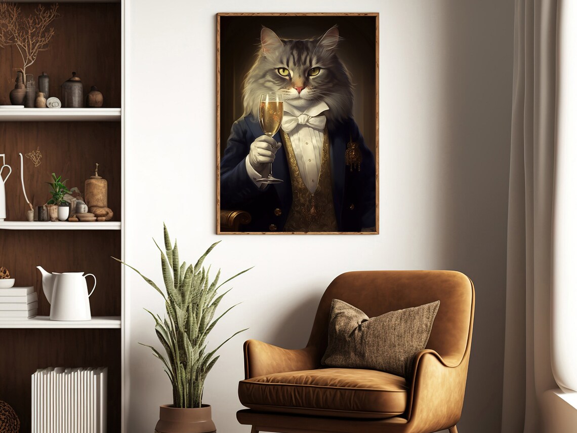 Victorian Cat Tuxedo Champagne Toast Funny Animal Portrait Wall Art Poster - Image 3