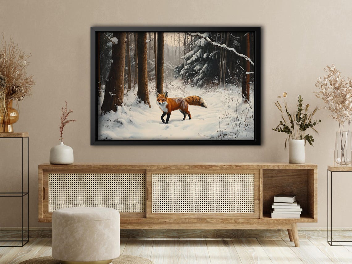 Red Fox Snowy Forest Winter Wildlife Realistic Painting Wall Art - Image 4