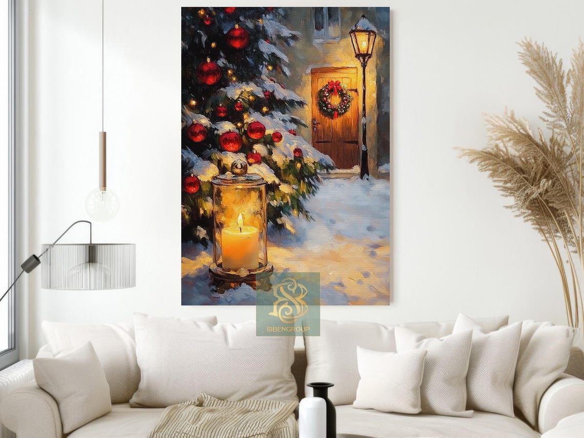 Snowy Christmas Lantern Glow by Tree With Red Ornaments Night Poster - Image 2