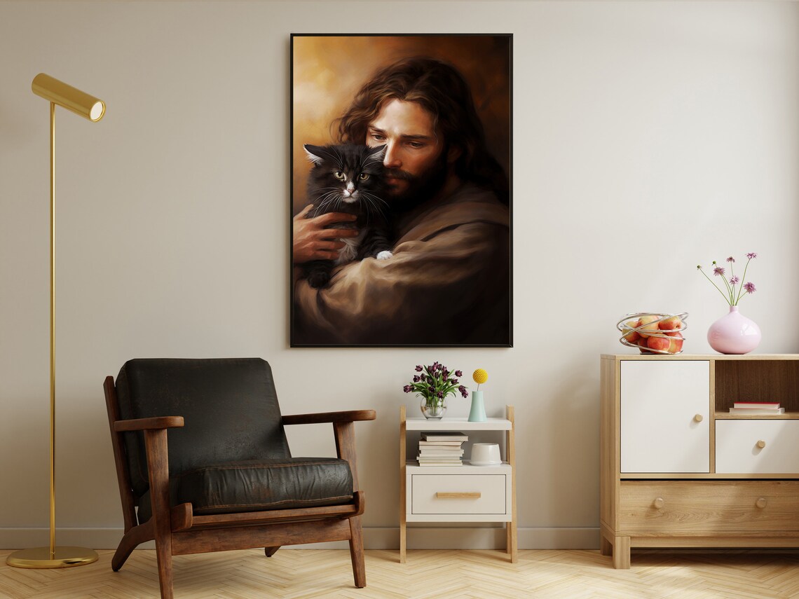 Jesus Christ Holding Black Kitten Warm Golden Christian Devotional Poster - Image 2