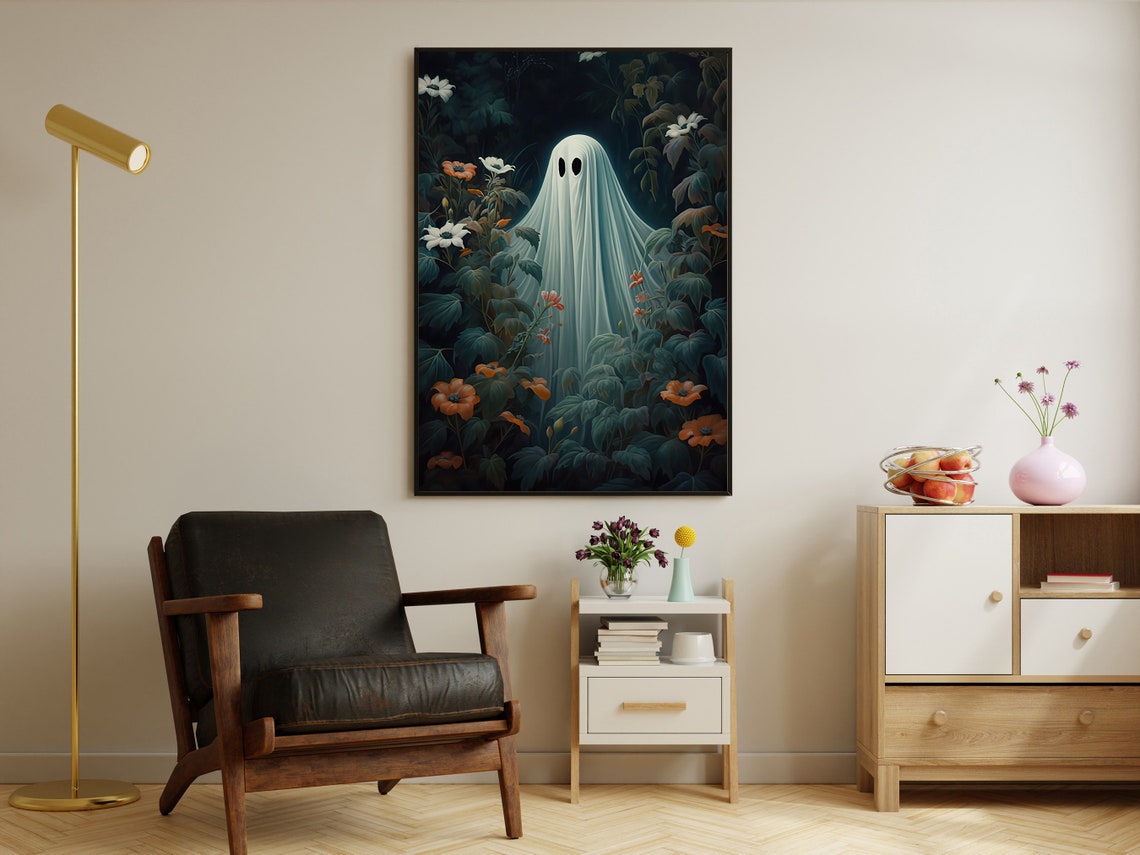 Ghost Among Dark Botanical Foliage And Flowers Spooky Art Print - Image 3