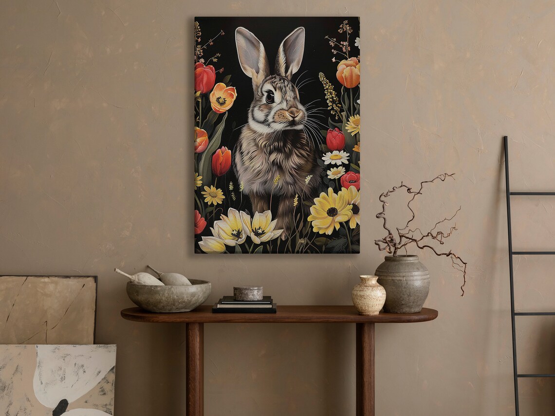 Wild Rabbit Among Tulips Daisies Black Background Botanical Animal Art Poster - Image 2