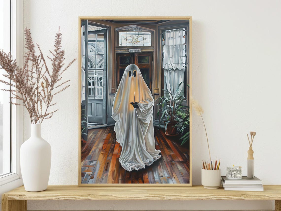 Ghost Holding Candle in Sunlit Victorian Room Stained Glass Poster - Image 3
