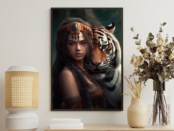 Fierce Tribal Warrior Woman With Majestic Tiger Companion Poster