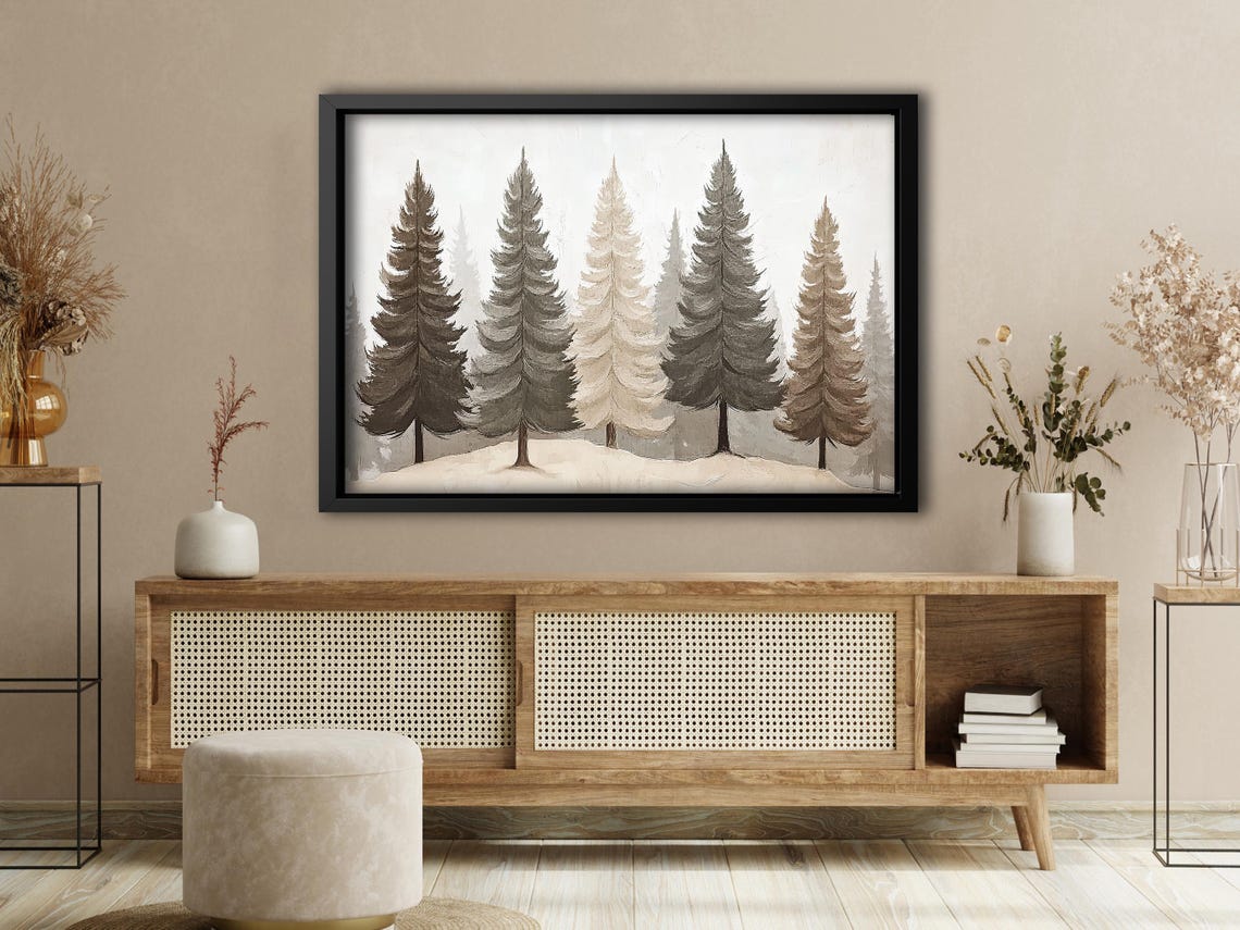 Minimalist Pine Trees Snowy Forest Gray Neutral Winter Wall Art - Image 4