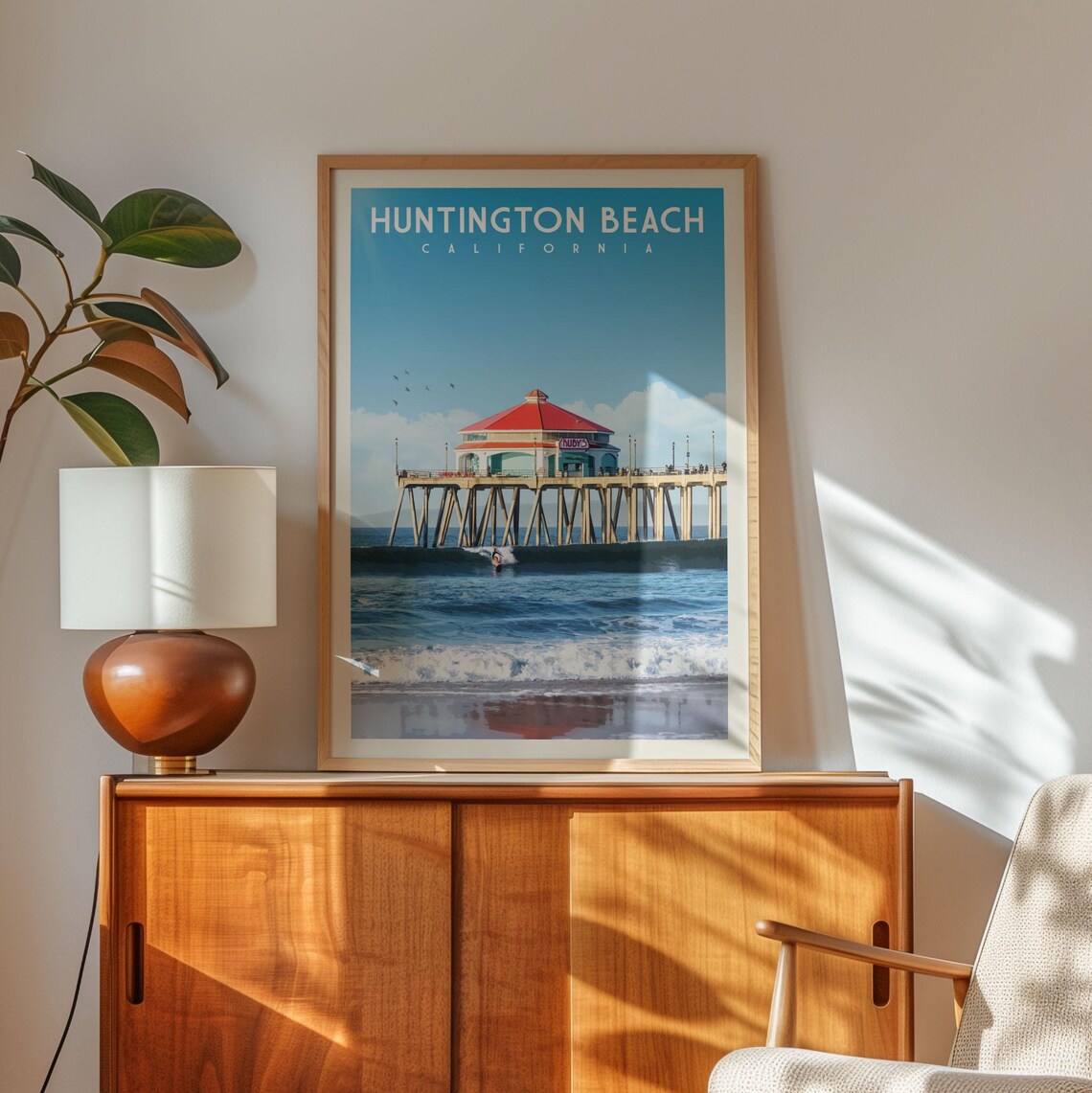 Huntington Beach Pier Travel Poster, Coastal Surf Scene