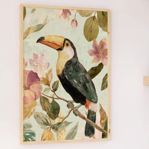Tropical Living Room Wall Decor Boho Poster Flowers And Toucan Colorful Nature Illustration Exotic Art Prints Vintage Pictures Hallway Office