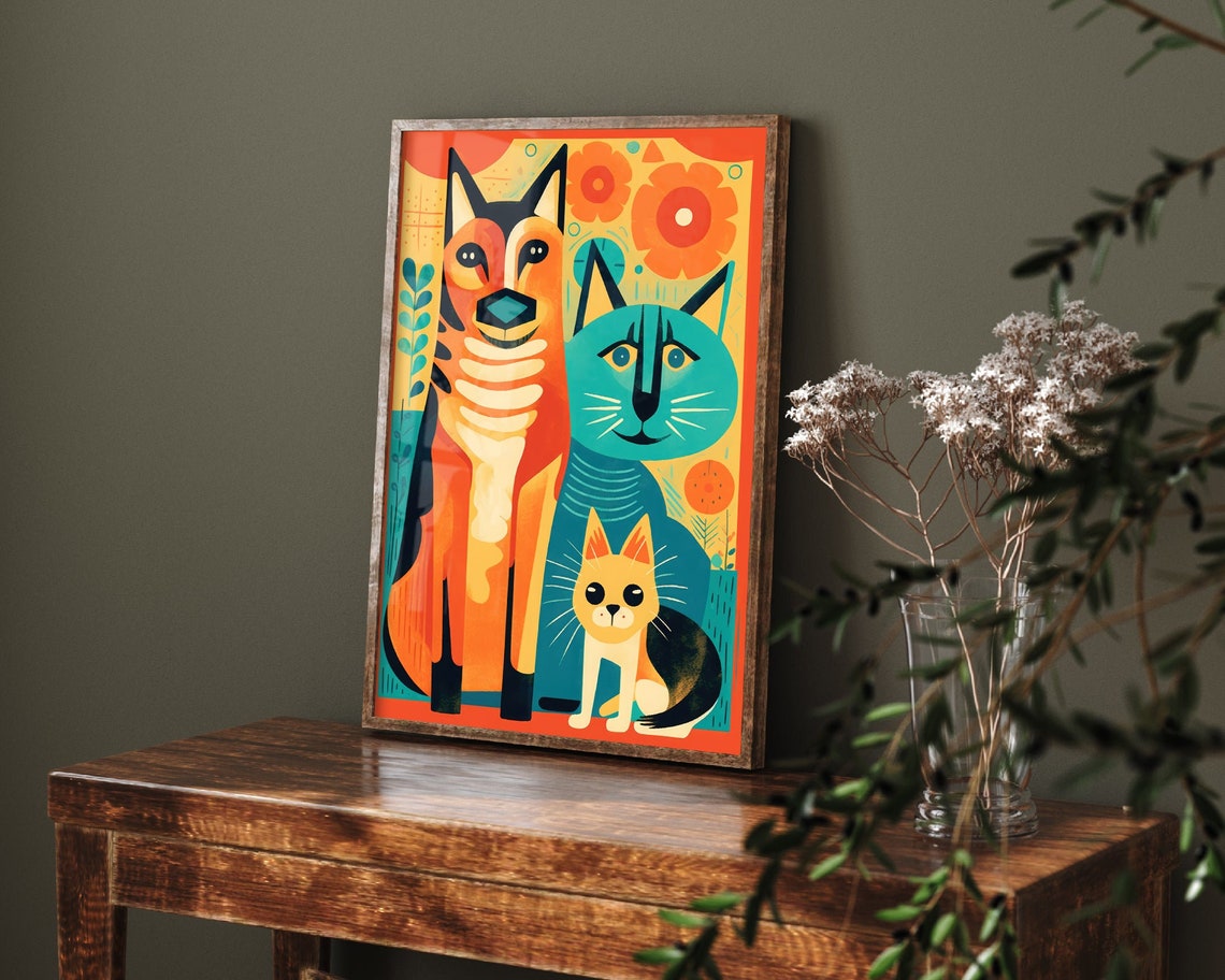 Folk Art Dog and Cat Pair Orange Teal Floral Illustration Poster