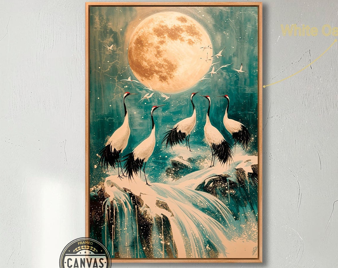 Moonlit Cranes Standing Golden Full Moon Waterfall Night Sky Poster